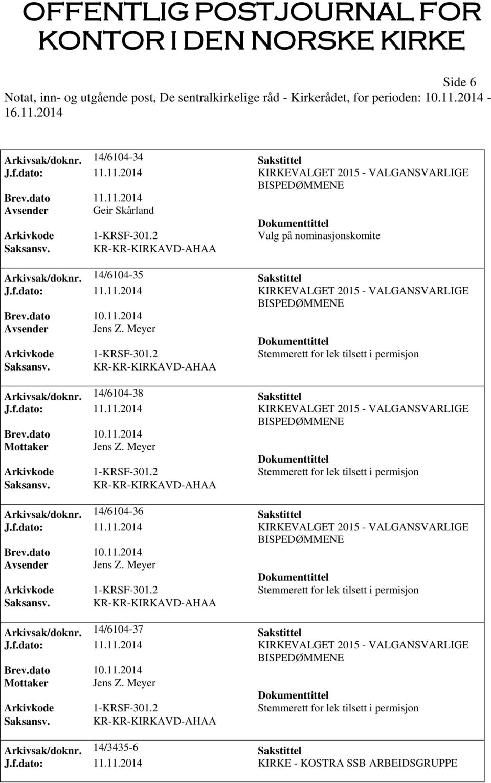 2 Stemmerett for lek tilsett i permisjon Saksansv. KR-KR-KIRKAVD-AHAA Arkivsak/doknr. 14/6104-38 Sakstittel J.f.dato: 11.11.2014 KIRKEVALGET 2015 - VALGANSVARLIGE BISPEDØMMENE Mottaker Jens Z.