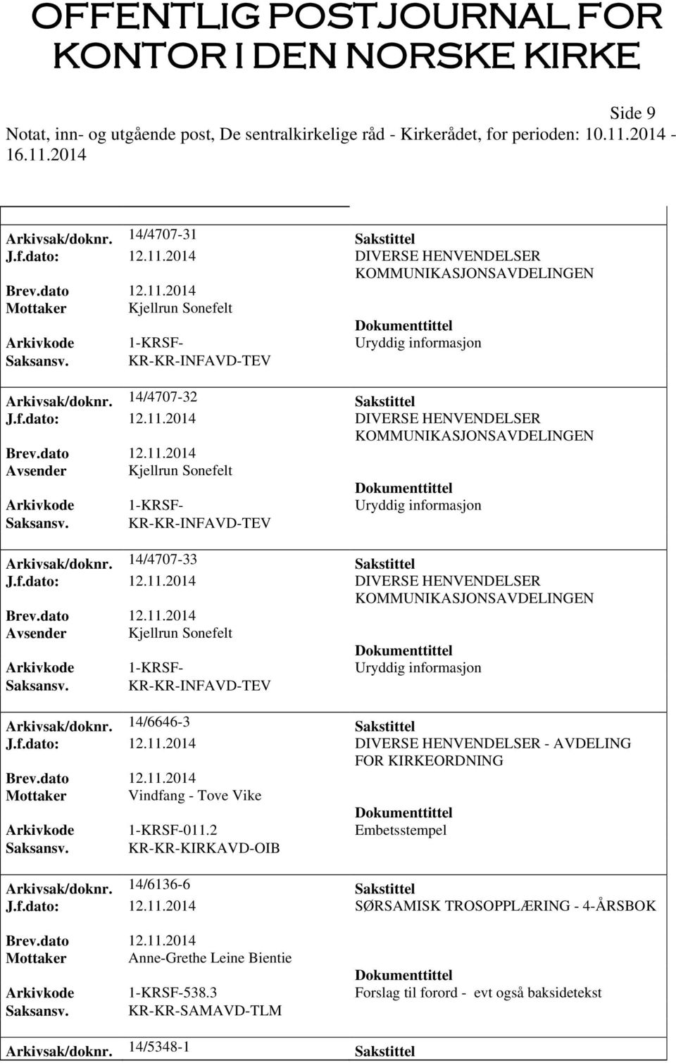 2 Embetsstempel Saksansv. KR-KR-KIRKAVD-OIB Arkivsak/doknr. 14/6136-6 Sakstittel J.f.dato: 12.11.2014 SØRSAMISK TROSOPPLÆRING - 4-ÅRSBOK Mottaker Anne-Grethe Leine Bientie Arkivkode 1-KRSF-538.