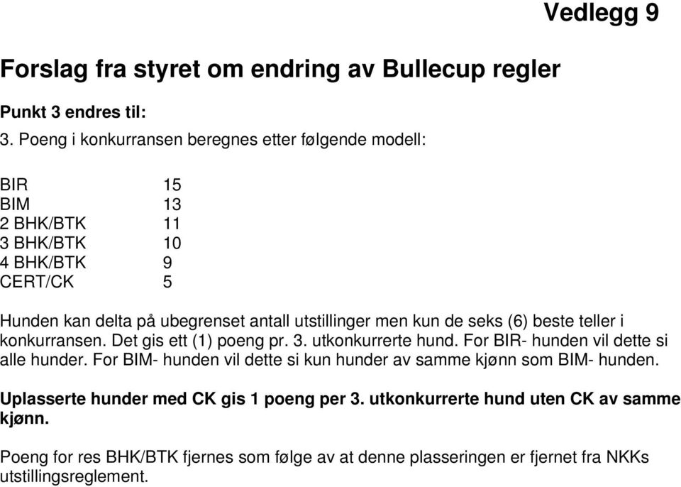 utstillinger men kun de seks (6) beste teller i konkurransen. Det gis ett (1) poeng pr. 3. utkonkurrerte hund. For BIR- hunden vil dette si alle hunder.