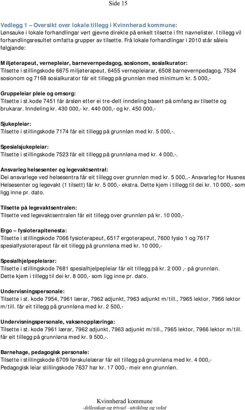 Frå lokale forhandlingar i 2010 står såleis følgjande: Miljøterapeut, vernepleiar, barnevernpedagog, sosionom, sosialkurator: Tilsette i stillingskode 6675 miljøterapeut, 6455 vernepleiarar, 6508