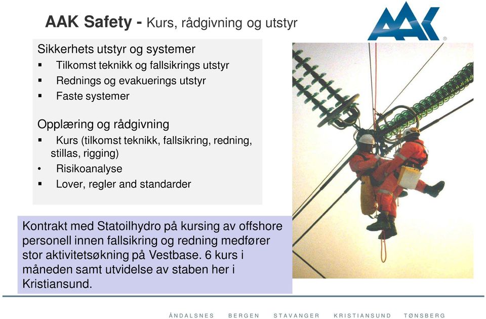 rigging) Risikoanalyse Lover, regler and standarder Kontrakt med Statoilhydro på kursing av offshore personell innen