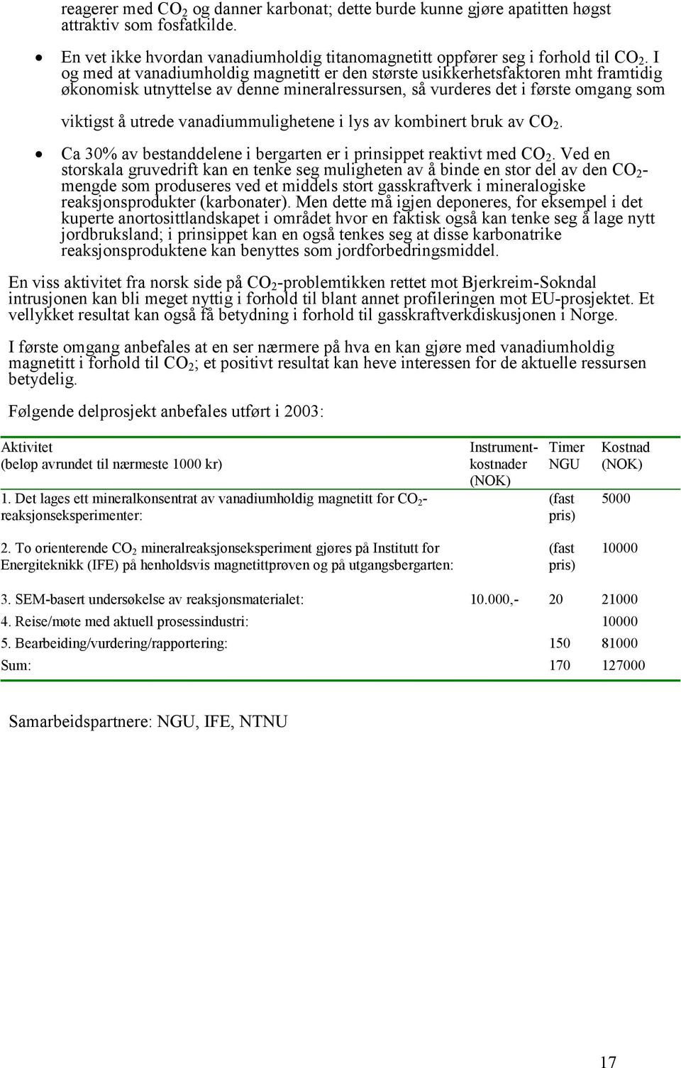 vanadiummulighetene i lys av kombinert bruk av CO 2. Ca 30% av bestanddelene i bergarten er i prinsippet reaktivt med CO 2.