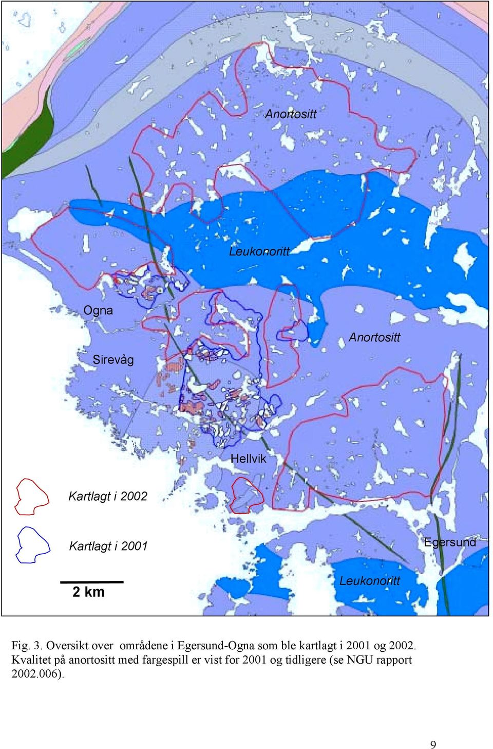 Oversikt over områdene i Egersund-Ogna som ble kartlagt i 2001 og 2002.