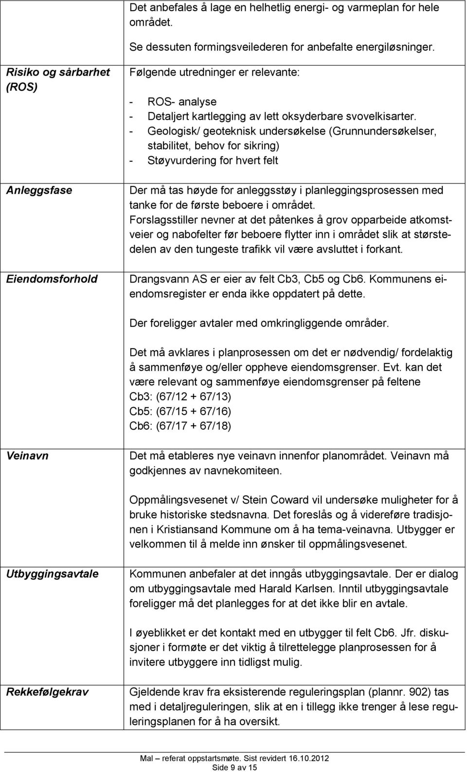 - Geologisk/ geoteknisk undersøkelse (Grunnundersøkelser, stabilitet, behov for sikring) - Støyvurdering for hvert felt Der må tas høyde for anleggsstøy i planleggingsprosessen med tanke for de