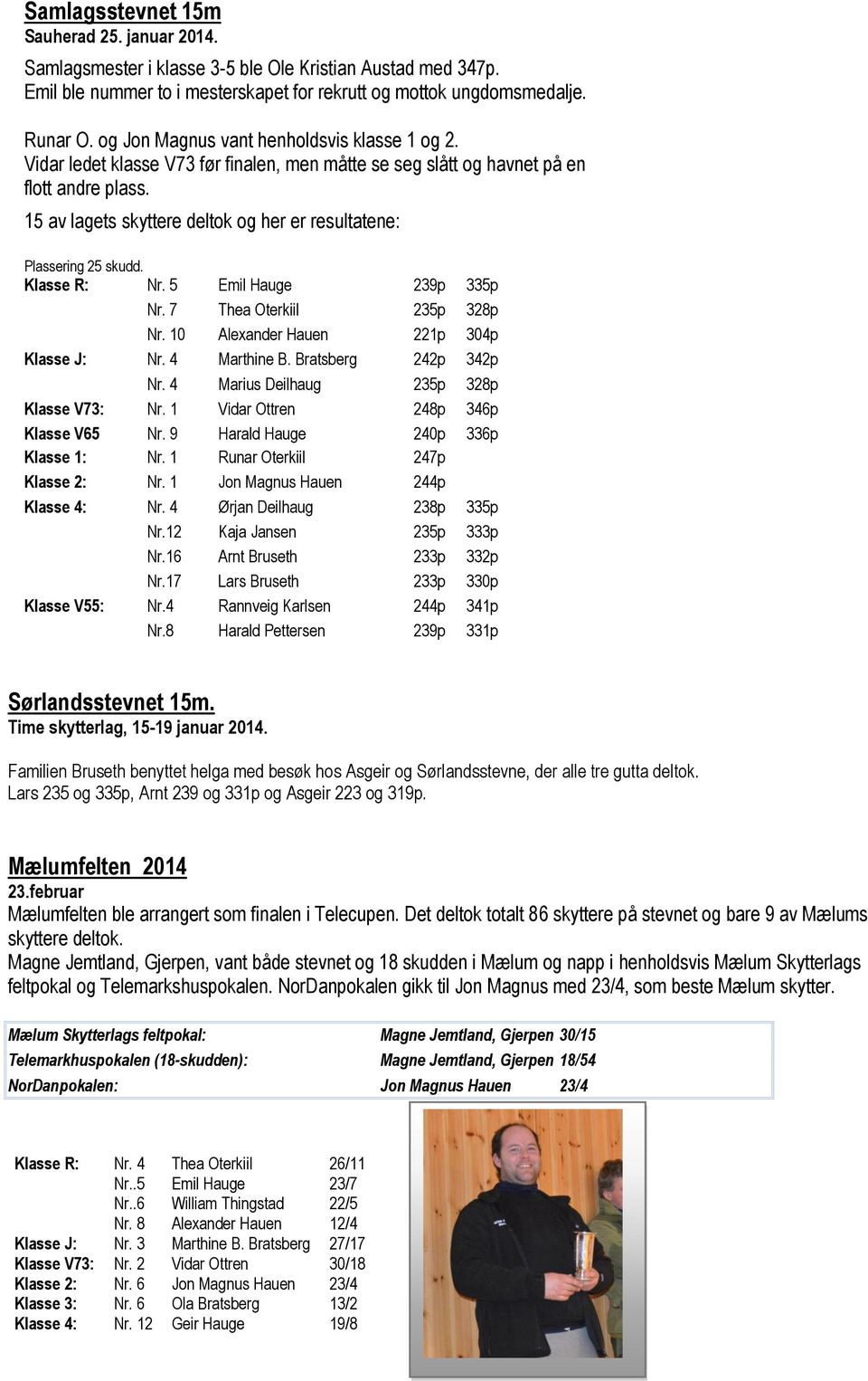 15 av lagets skyttere deltok og her er resultatene: Plassering 25 skudd. Klasse R: Nr. 5 Emil Hauge 239p 335p Nr. 7 Thea Oterkiil 235p 328p Nr. 10 Alexander Hauen 221p 304p Klasse J: Nr. 4 Marthine B.