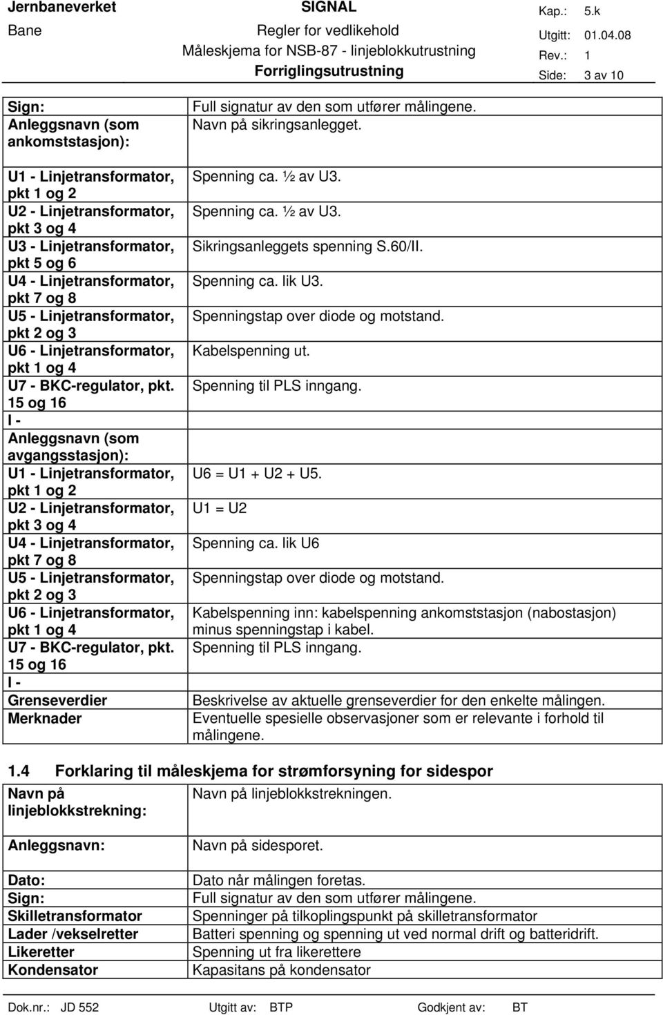 15 og 16 I - Anleggsnavn (som avgangsstasjon): U1 - Linjetransformator, pkt 1 og 2 U2 - Linjetransformator, pkt 3 og 4 U4 -  15 og 16 I - Grenseverdier Merknader Full signatur av den som utfører ene.