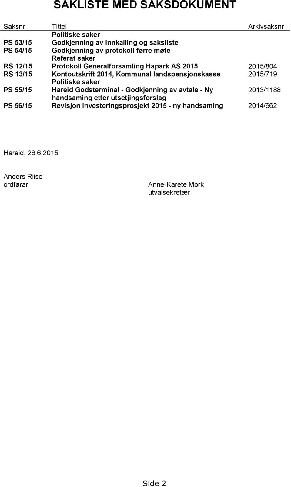 landspensjonskasse 2015/719 Politiske saker PS 55/15 Hareid Godsterminal - Godkjenning av avtale - Ny 2013/1188 handsaming etter