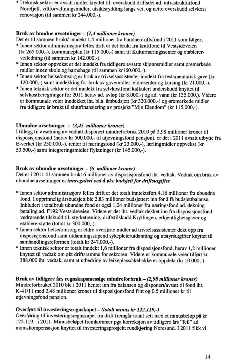 Bruk av bundne avsetninger (1,4 millioner kroner) Det er til sammen brukt! inndekt 1,4 millioner fra bundne driftsfond i 2011 som følger; * Innen sektor administrasjon!