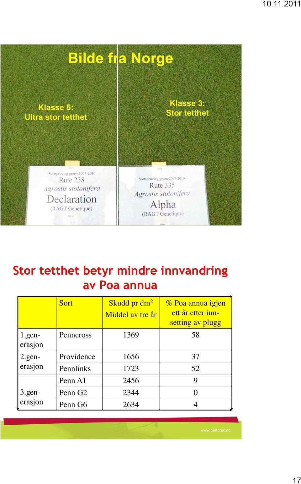 generasjon Sort Skudd pr dm 2 Middel av tre år % Poa annua igjen ett år etter