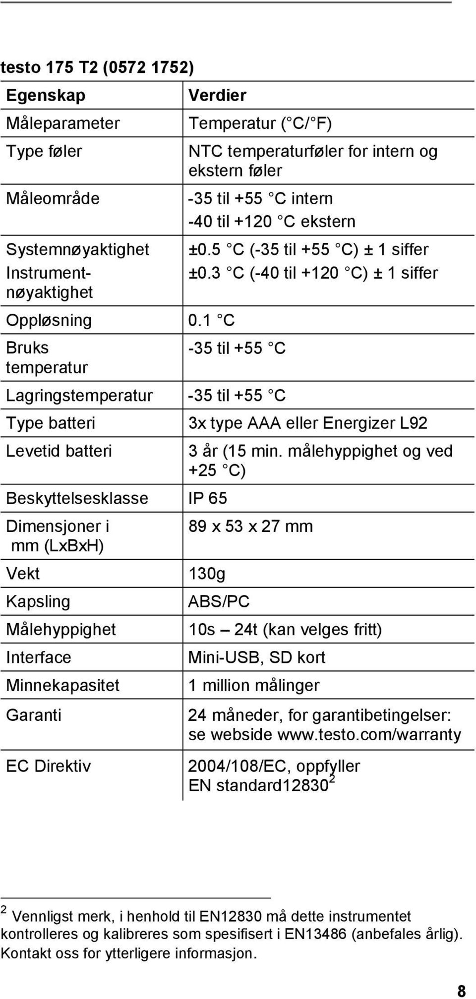 3 C (-40 til +120 C) ± 1 siffer 3x type AAA eller Energizer L92 Levetid batteri 3 år (15 min.