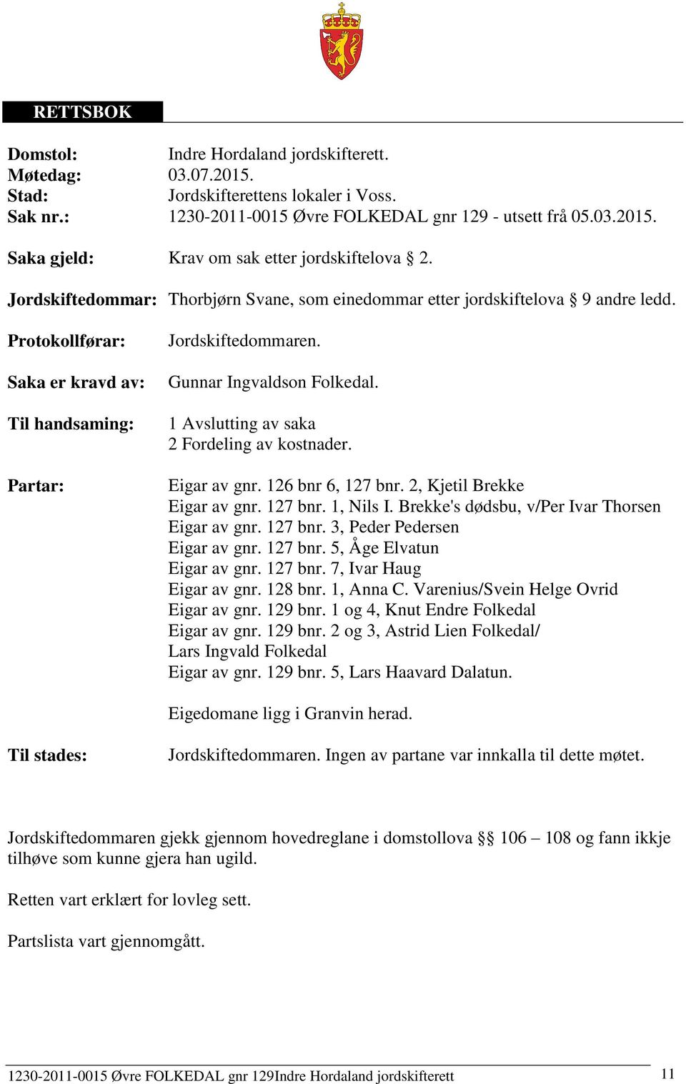 1 Avslutting av saka 2 Fordeling av kostnader. Eigar av gnr. 126 bnr 6, 127 bnr. 2, Kjetil Brekke Eigar av gnr. 127 bnr. 1, Nils I. Brekke's dødsbu, v/per Ivar Thorsen Eigar av gnr. 127 bnr. 3, Peder Pedersen Eigar av gnr.