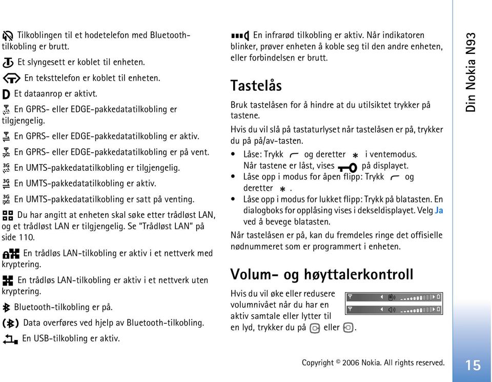 En UMTS-pakkedatatilkobling er tilgjengelig. En UMTS-pakkedatatilkobling er aktiv. En UMTS-pakkedatatilkobling er satt på venting.