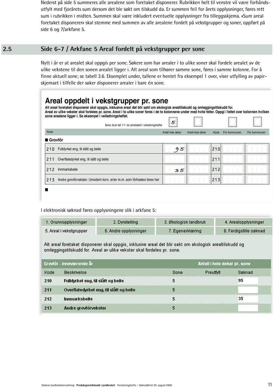 «Sum areal foretaket disponerer» skal stemme med summen av alle arealene fordelt på vekstgrupper og soner, oppført på side 6 og 7/arkfane 5. 2.