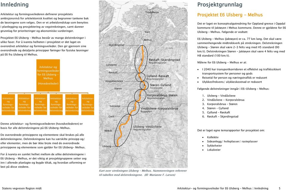 Prosjektet E6 Ulsberg Melhus består av mange delstrekninger i ulike faser. For å ivareta helheten i prosjektet er det laget en overordnet arkitektur og formingsveileder.