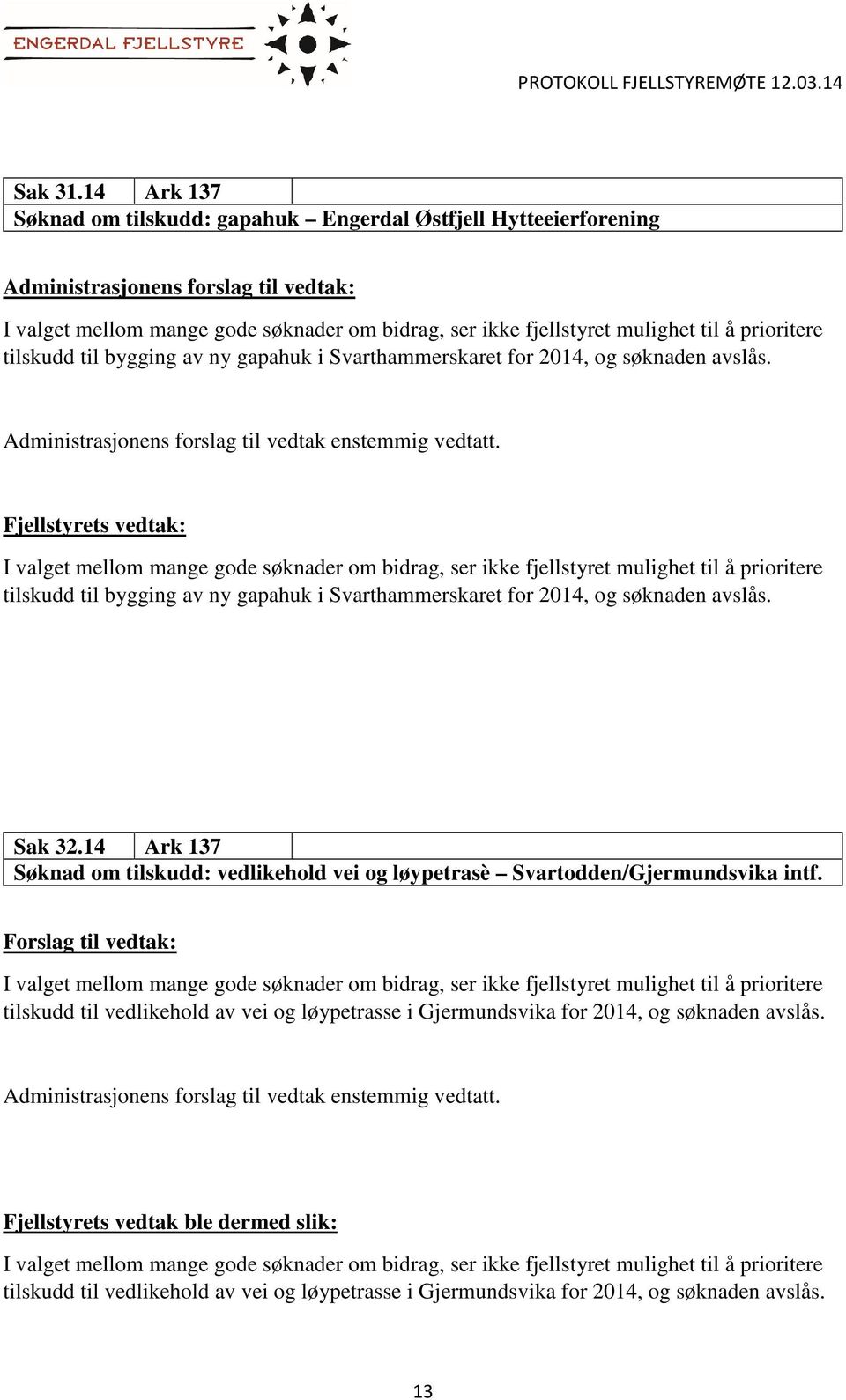 14 Ark 137 Søknad om tilskudd: vedlikehold vei og løypetrasè Svartodden/Gjermundsvika intf.