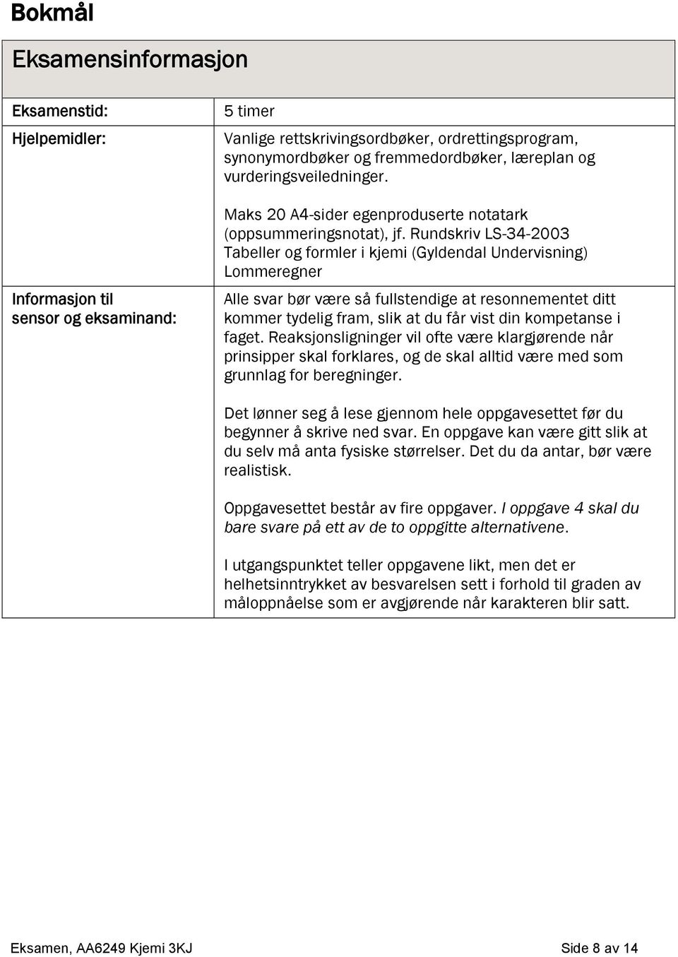 Rundskriv LS-34-2003 Tabeller og formler i kjemi (Gyldendal Undervisning) Lommeregner Alle svar bør være så fullstendige at resonnementet ditt kommer tydelig fram, slik at du får vist din kompetanse