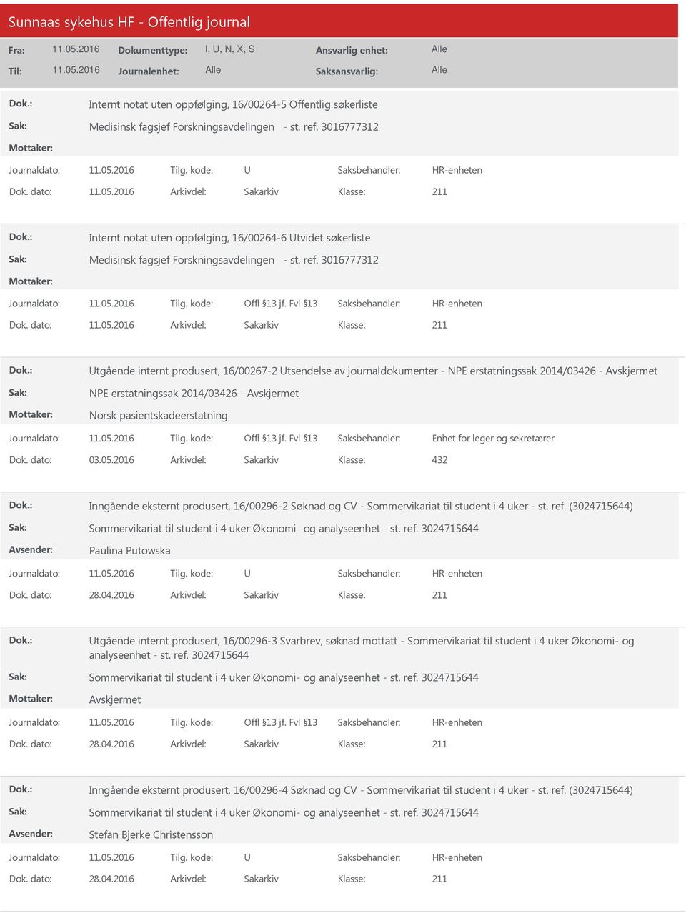 dato: Arkivdel: Sakarkiv tgående internt produsert, 16/00267-2 tsendelse av journaldokumenter - NPE erstatningssak 2014/03426 - NPE erstatningssak 2014/03426 - Norsk pasientskadeerstatning Enhet for