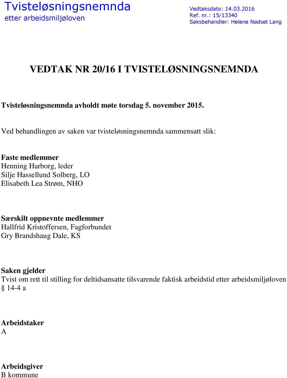 Ved behandlingen av saken var tvisteløsningsnemnda sammensatt slik: Faste medlemmer Henning Harborg, leder Silje Hassellund Solberg, LO Elisabeth Lea Strøm,