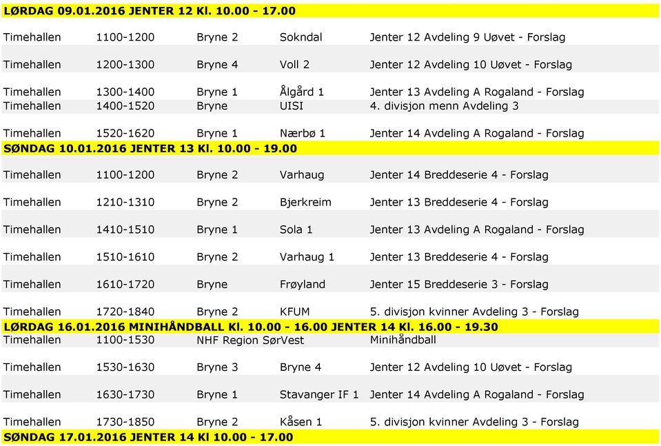 Avdeling A Rogaland - Forslag Timehallen 1400-1520 Bryne UISI 4. divisjon menn Avdeling 3 Timehallen 1520-1620 Bryne 1 Nærbø 1 Jenter 14 Avdeling A Rogaland - Forslag SØNDAG 10.01.2016 JENTER 13 Kl.