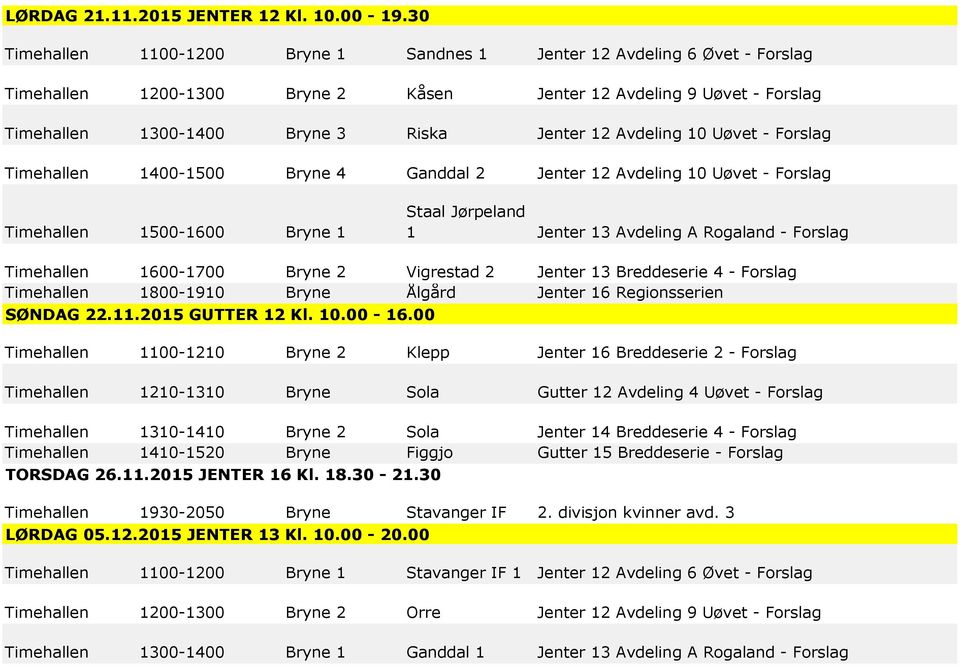 Avdeling 10 Uøvet - Forslag Timehallen 1400-1500 Bryne 4 Ganddal 2 Jenter 12 Avdeling 10 Uøvet - Forslag Timehallen 1500-1600 Bryne 1 Staal Jørpeland 1 Jenter 13 Avdeling A Rogaland - Forslag