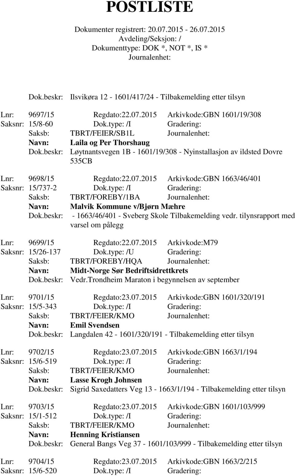 2015 Arkivkode:GBN 1663/46/401 Saksnr: 15/737-2 Dok.type: /I Gradering: Saksb: TBRT/FOREBY/1BA Navn: Dok.beskr: Malvik Kommune v/bjørn Mæhre - 1663/46/401 - Sveberg Skole Tilbakemelding vedr.