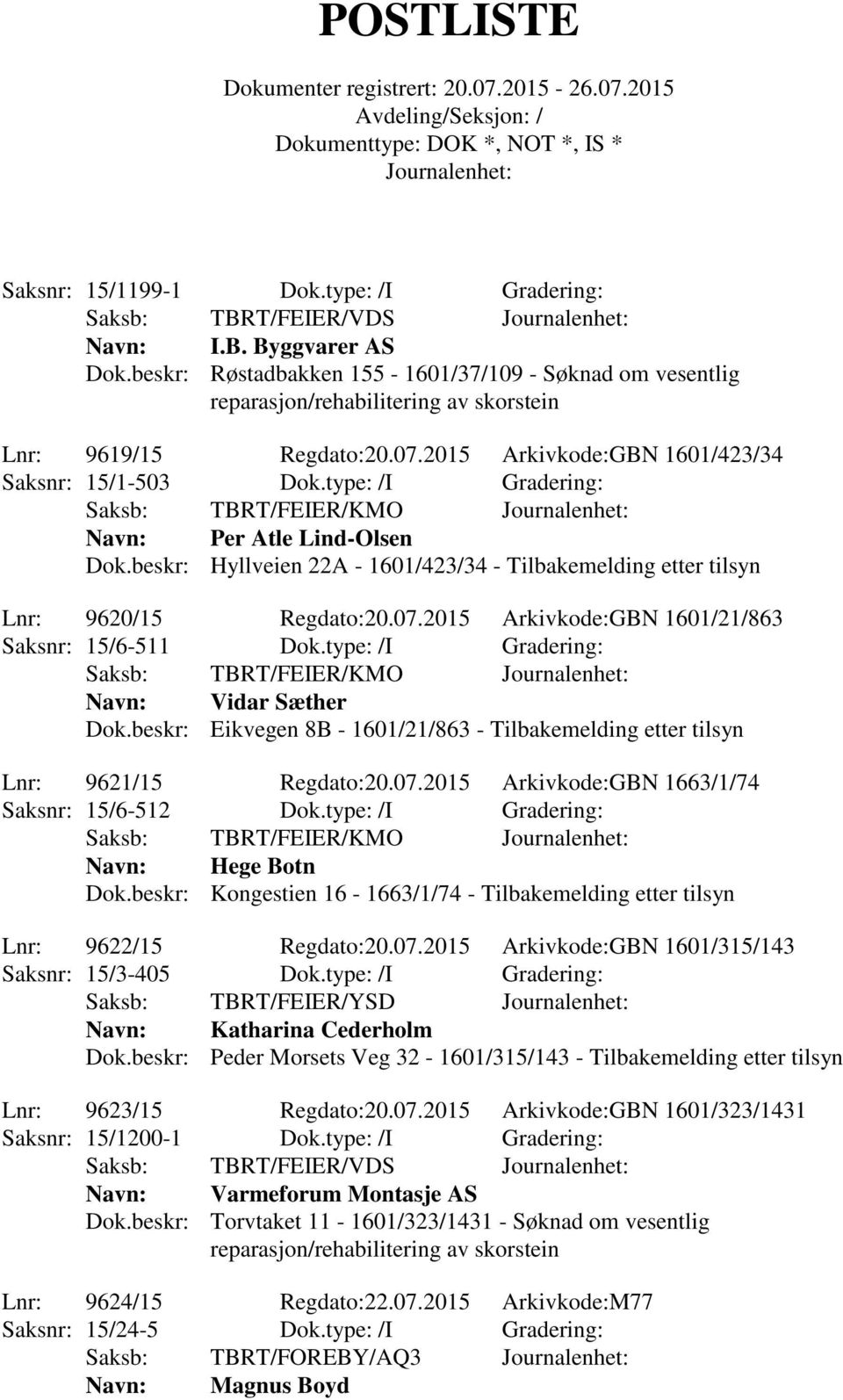 2015 Arkivkode:GBN 1601/21/863 Saksnr: 15/6-511 Dok.type: /I Gradering: Navn: Vidar Sæther Dok.beskr: Eikvegen 8B - 1601/21/863 - Tilbakemelding etter tilsyn Lnr: 9621/15 Regdato:20.07.