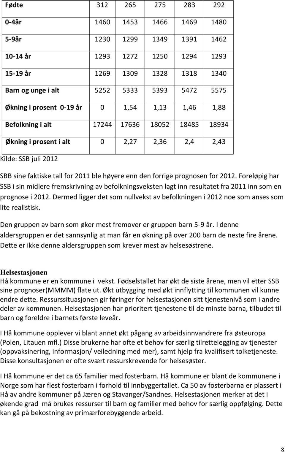 høyere enn den forrige prognosen for 2012. Foreløpig har SSB i sin midlere fremskrivning av befolkningsveksten lagt inn resultatet fra 2011 inn som en prognose i 2012.