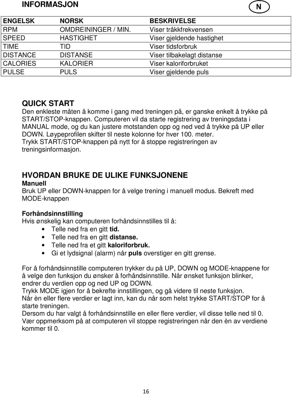 gjeldende puls QUICK START Den enkleste måten å komme i gang med treningen på, er ganske enkelt å trykke på START/STOP-knappen.