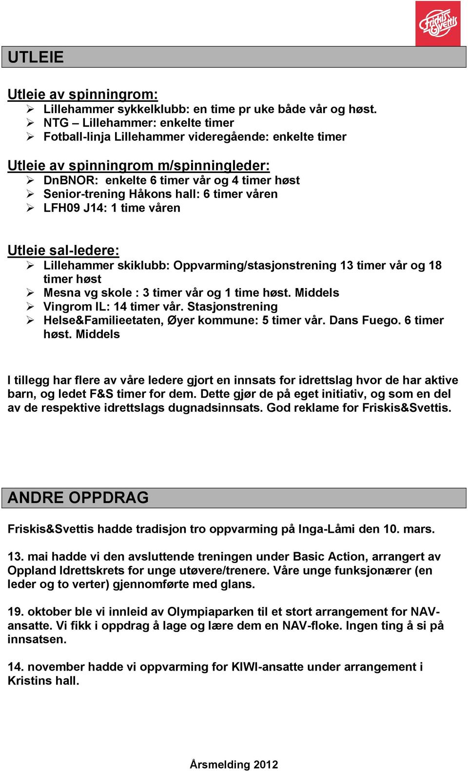 timer våren LFH09 J14: 1 time våren Utleie sal-ledere: Lillehammer skiklubb: Oppvarming/stasjonstrening 13 timer vår og 18 timer høst Mesna vg skole : 3 timer vår og 1 time høst.