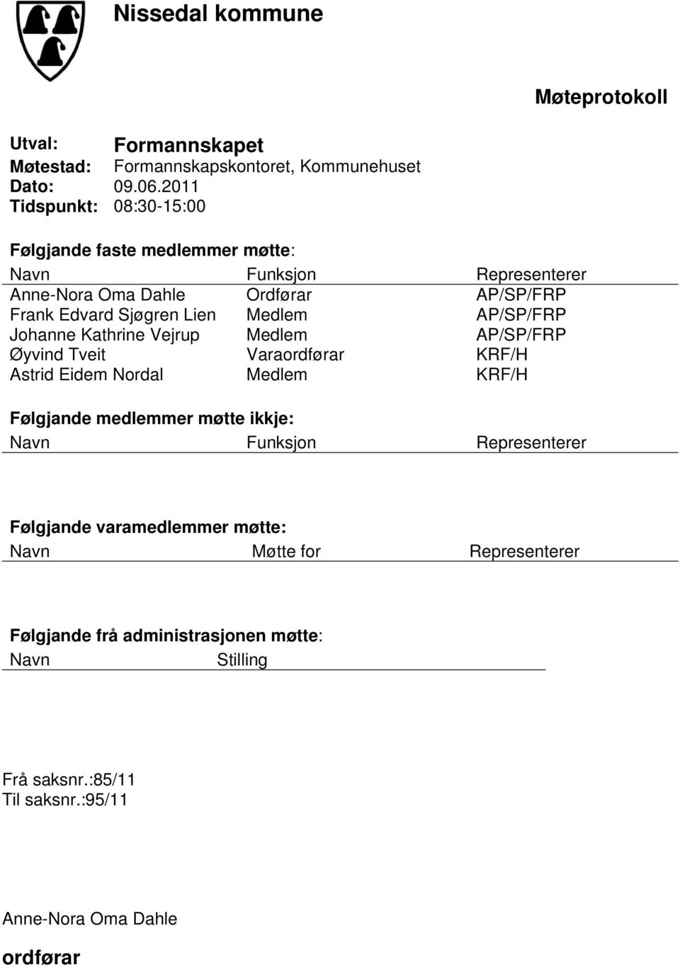 Medlem AP/SP/FRP Johanne Kathrine Vejrup Medlem AP/SP/FRP Øyvind Tveit Varaordførar KRF/H Astrid Eidem Nordal Medlem KRF/H Følgjande medlemmer møtte ikkje: