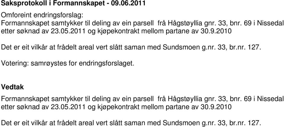 33, br.nr. 127. Votering: samrøystes for endringsforslaget. Vedtak Formannskapet samtykker til deling av ein parsell frå Hågstøyllia gnr. 33, bnr.  33, br.