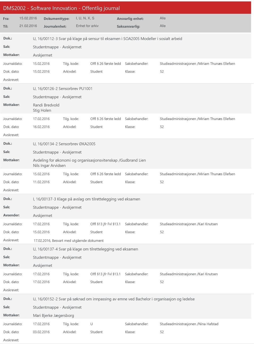 2016 Arkivdel: Student, 16/00134-2 Sensorbrev ØKA2005 Avdeling for økonomi og organisasjonsvitenskap /Gudbrand Lien Nils Ingar Arvidsen I, 16/00137-3 Klage på avslag om