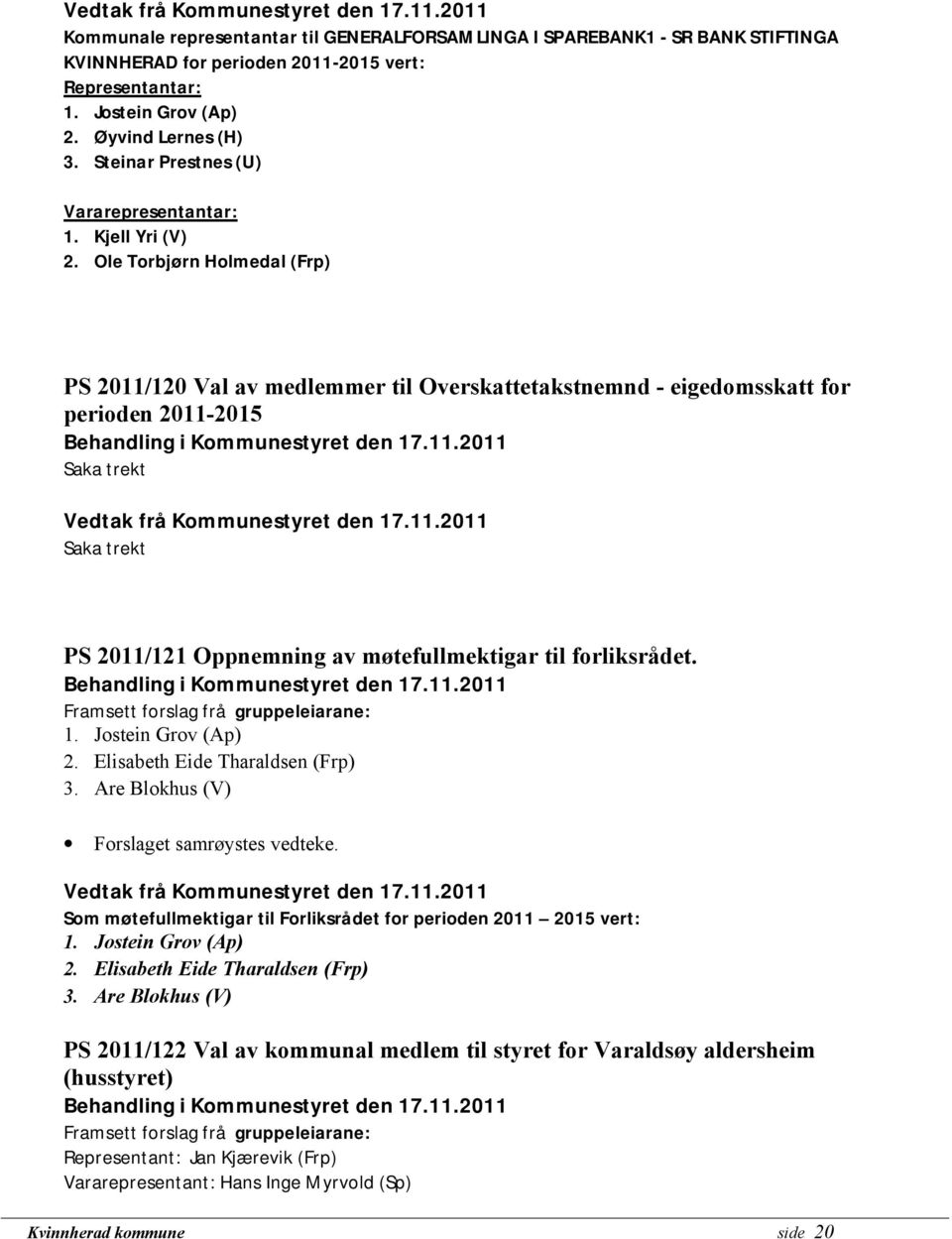 Ole Torbjørn Holmedal (Frp) PS 2011/120 Val av medlemmer til Overskattetakstnemnd - eigedomsskatt for perioden 2011-2015 Saka trekt Saka trekt PS 2011/121 Oppnemning av møtefullmektigar til