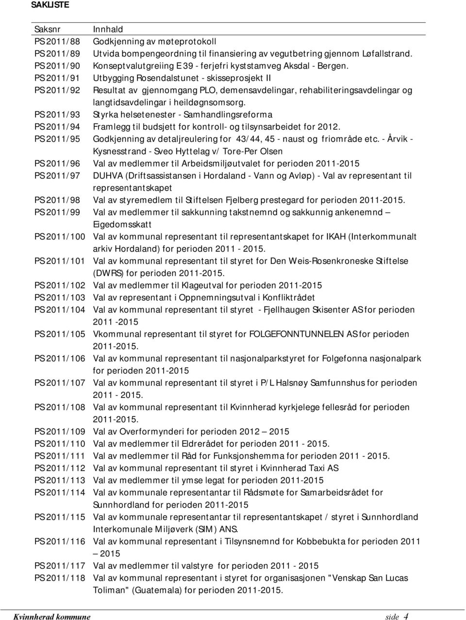 PS 2011/91 Utbygging Rosendalstunet - skisseprosjekt II PS 2011/92 Resultat av gjennomgang PLO, demensavdelingar, rehabiliteringsavdelingar og langtidsavdelingar i heildøgnsomsorg.