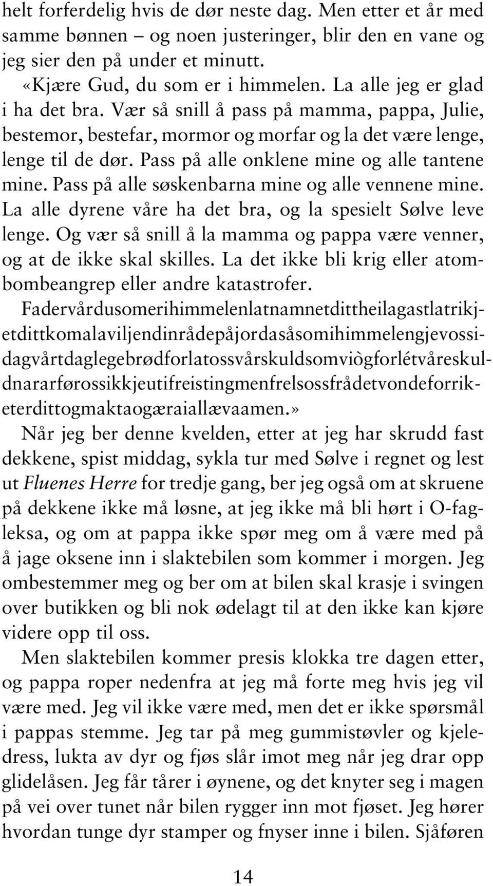 Pass på alle onklene mine og alle tantene mine. Pass på alle søskenbarna mine og alle vennene mine. La alle dyrene våre ha det bra, og la spesielt Sølve leve lenge.