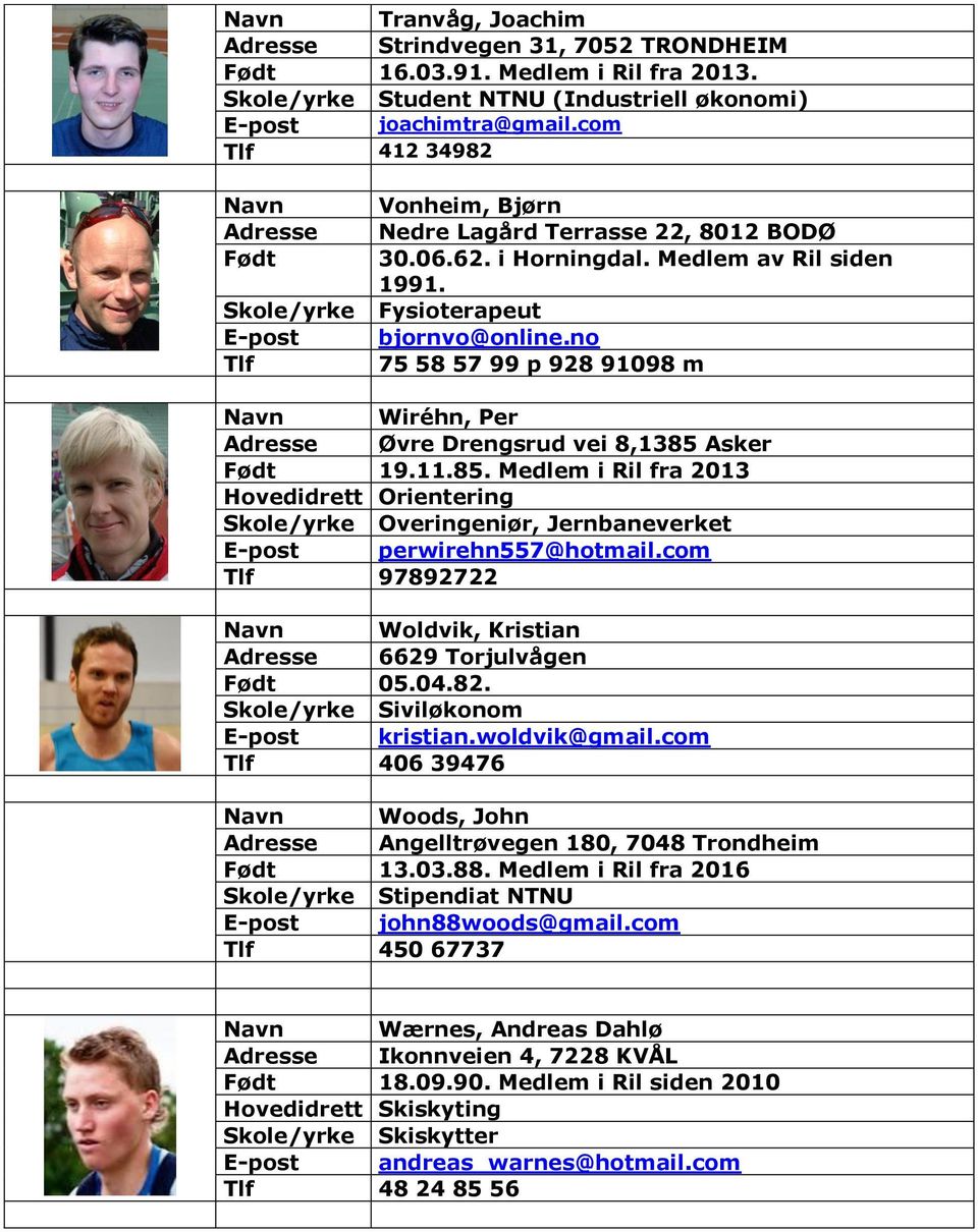 no 75 58 57 99 p 928 91098 m Navn Wiréhn, Per Adresse Øvre Drengsrud vei 8,1385 Asker Født 19.11.85. Medlem i Ril fra 2013 Hovedidrett Orientering Skole/yrke Overingeniør, Jernbaneverket E-post perwirehn557@hotmail.