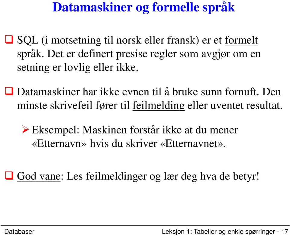 Datamaskiner har ikke evnen til å bruke sunn fornuft. Den minste skrivefeil fører til feilmelding eller uventet resultat.