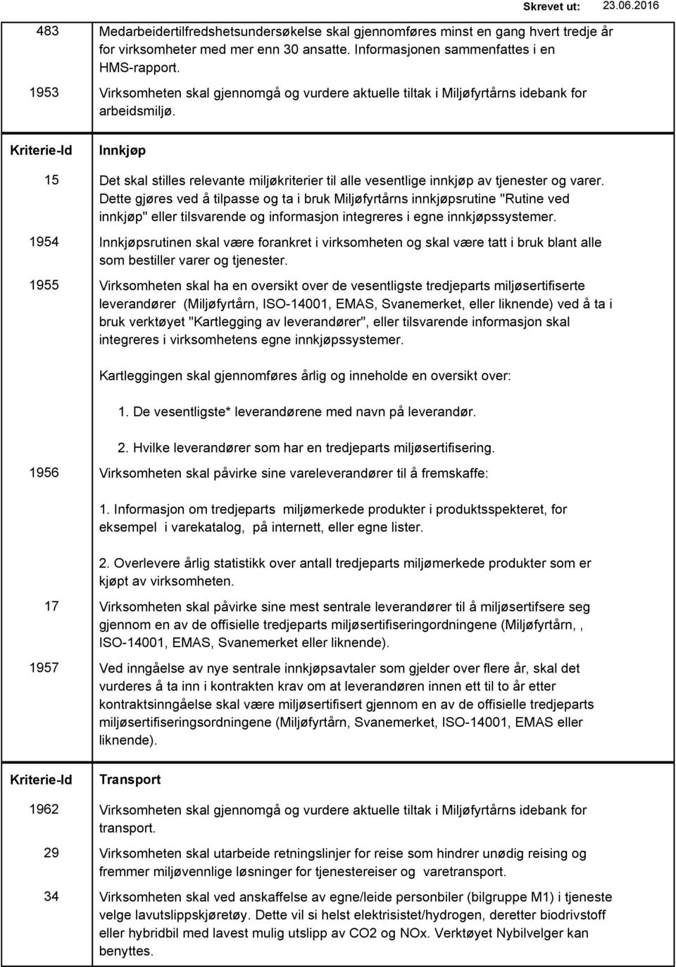 15 1954 1955 Innkjøp Det skal stilles relevante miljøkriterier til alle vesentlige innkjøp av tjenester og varer.