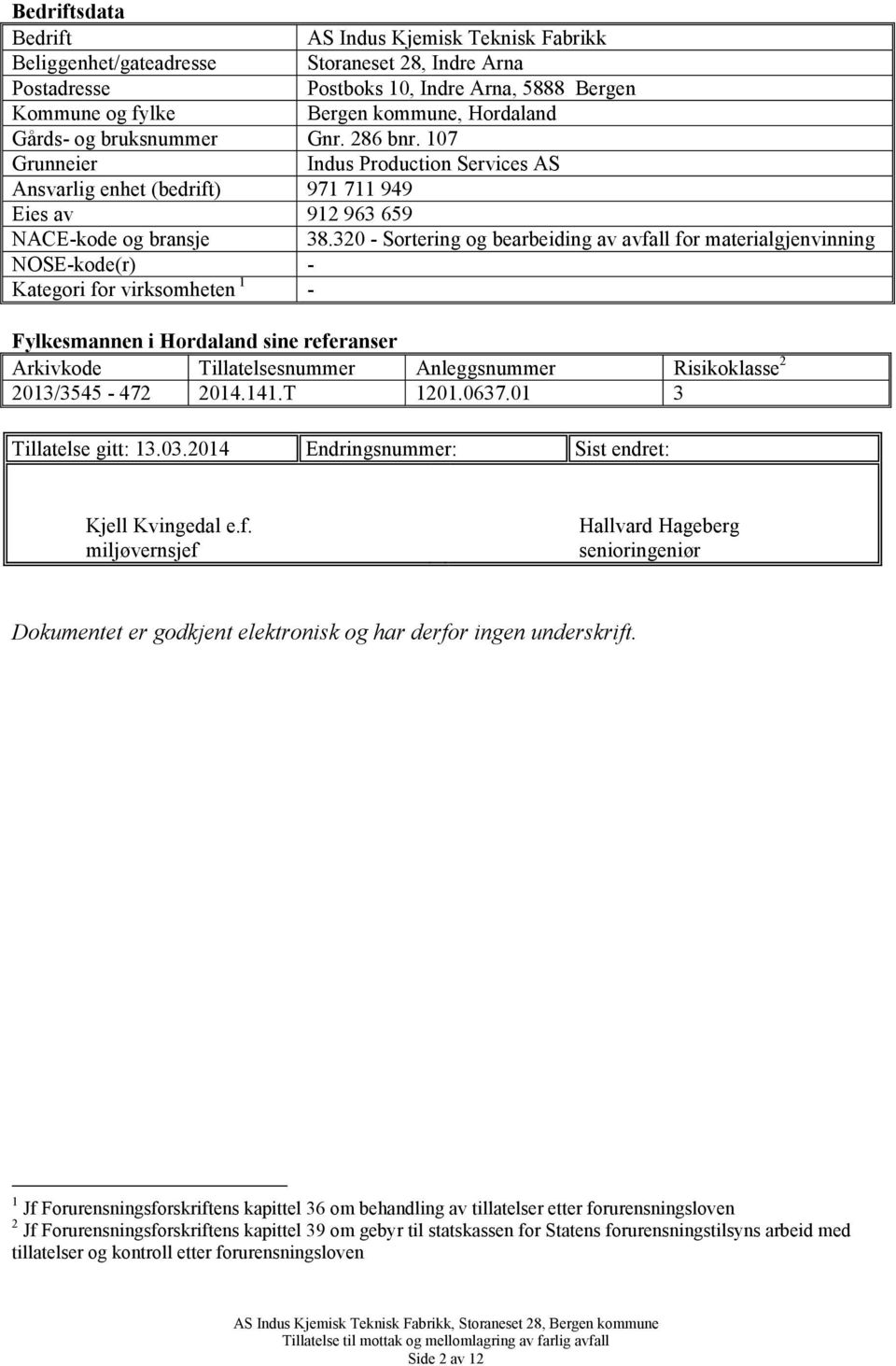 320 - Sortering og bearbeiding av avfall for materialgjenvinning NOSE-kode(r) - Kategori for virksomheten 1 - Fylkesmannen i Hordaland sine referanser Arkivkode Tillatelsesnummer Anleggsnummer