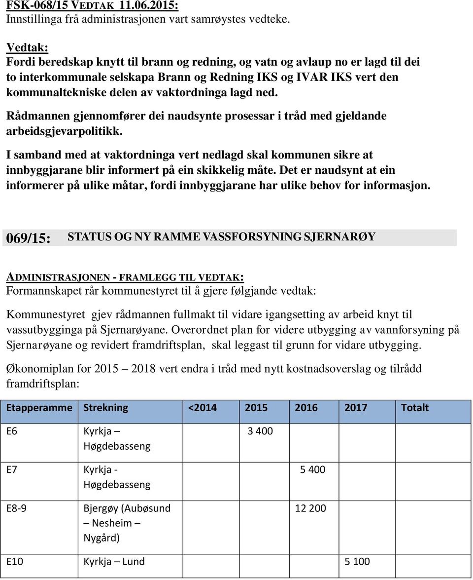 2015: Fordi beredskap knytt til brann og redning, og vatn og avlaup no er lagd til dei to interkommunale selskapa Brann og Redning IKS og IVAR IKS vert den kommunaltekniske delen av vaktordninga lagd