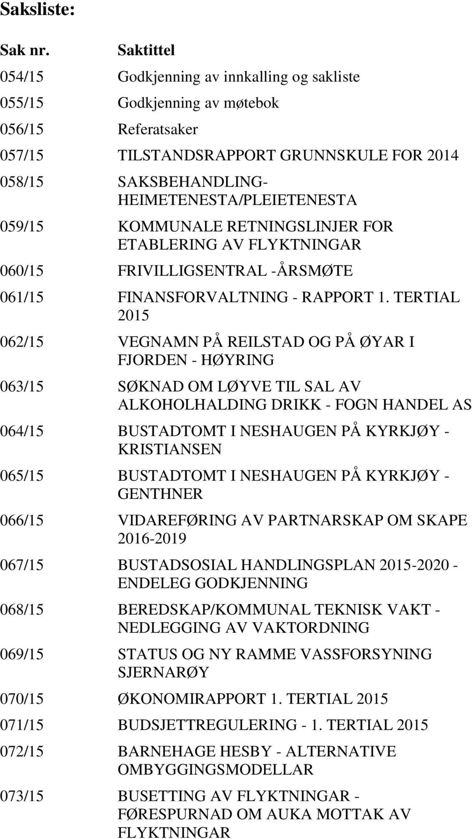 059/15 KOMMUNALE RETNINGSLINJER FOR ETABLERING AV FLYKTNINGAR 060/15 FRIVILLIGSENTRAL -ÅRSMØTE 061/15 FINANSFORVALTNING - RAPPORT 1.