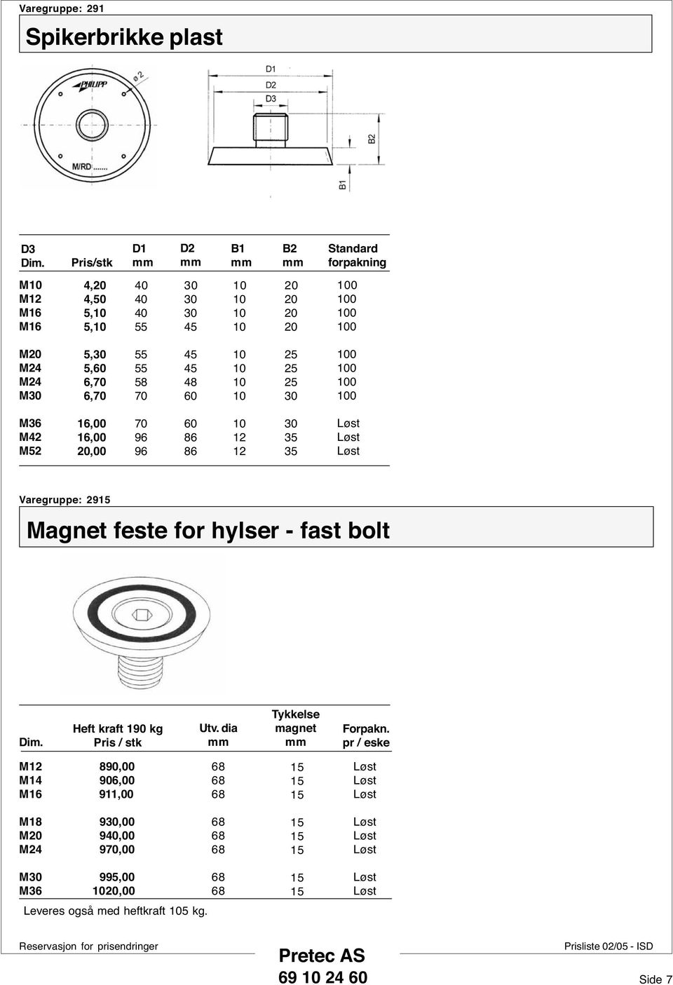 for hylser - fast bolt Heft kraft 90 kg Utv. dia Tykkelse magnet Forpakn.