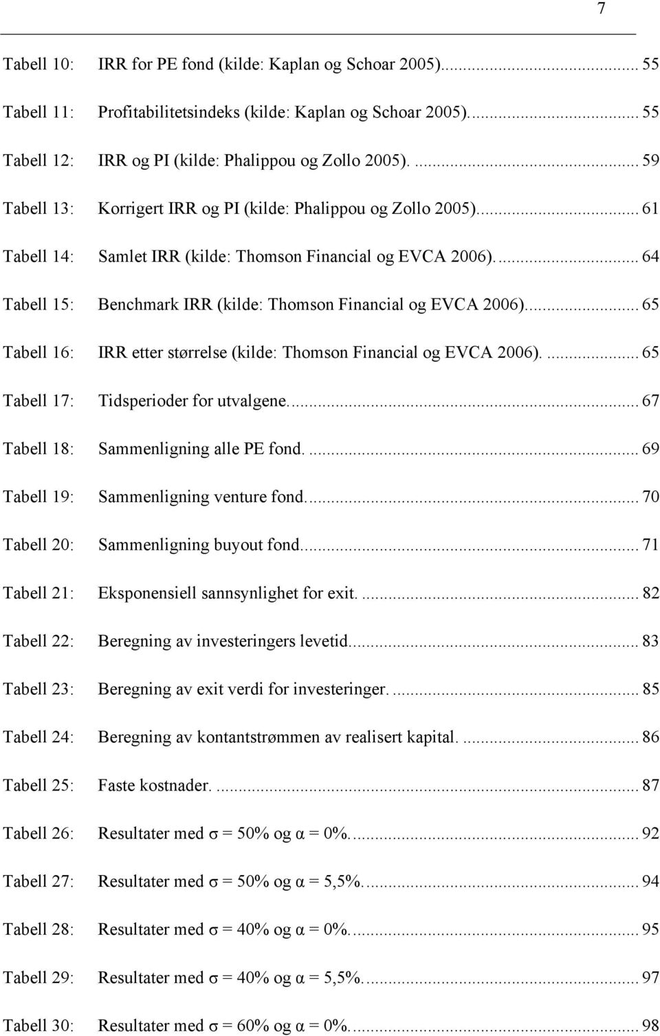 .. 64 Tabell 15: Benchmark IRR (kilde: Thomson Financial og EVCA 2006)... 65 Tabell 16: IRR etter størrelse (kilde: Thomson Financial og EVCA 2006).... 65 Tabell 17: Tidsperioder for utvalgene.