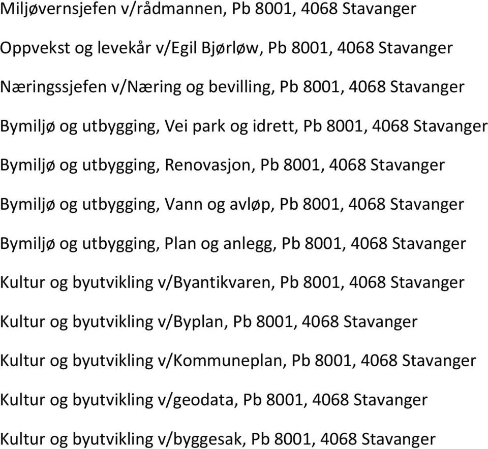 Stavanger Bymiljø og utbygging, Plan og anlegg, Pb 8001, 4068 Stavanger Kultur og byutvikling v/byantikvaren, Pb 8001, 4068 Stavanger Kultur og byutvikling v/byplan, Pb 8001,