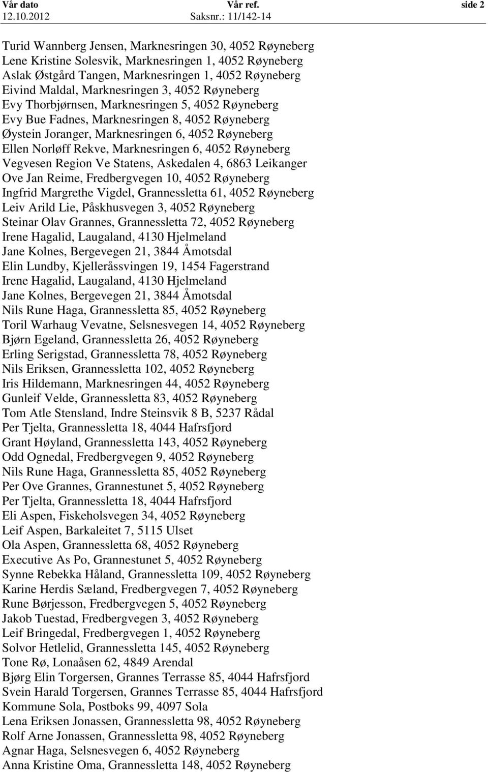 Marknesringen 3, 4052 Røyneberg Evy Thorbjørnsen, Marknesringen 5, 4052 Røyneberg Evy Bue Fadnes, Marknesringen 8, 4052 Røyneberg Øystein Joranger, Marknesringen 6, 4052 Røyneberg Ellen Norløff