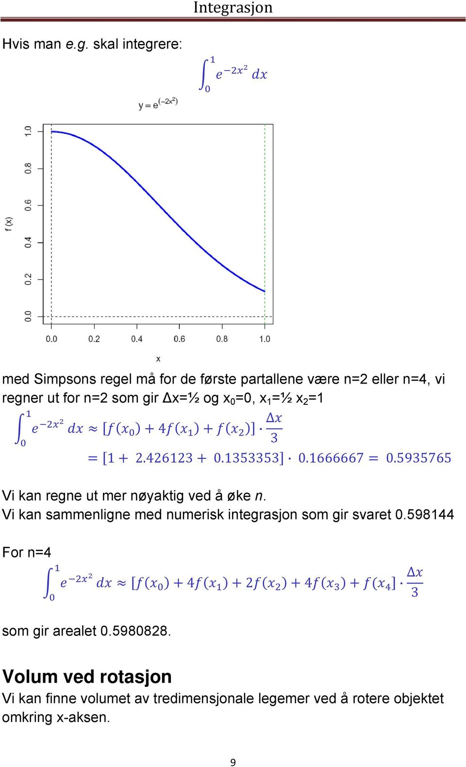 Δx=½ og x 0 =0, x 1 =½ x 2 =1 4 3 1 2.426123 0.1353353 0.1666667 0.5935765 Vi kan regne ut mer nøyaktig ved å øke n.