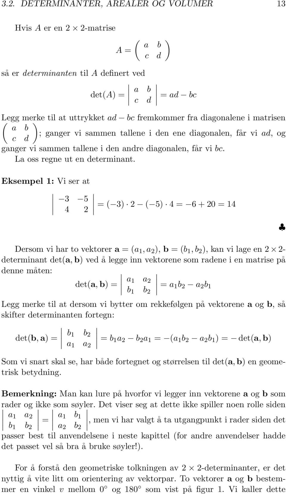 Eksempel 1: Vi ser at 3 5 4 2 = ( 3) 2 ( 5) 4 = 6 + 20 = 14 Dersom vi har to vektorer a = (a 1, a 2 ), b = (b 1, b 2 ), kan vi lage en 2 2- determinant det(a, b) ved å legge inn vektorene som radene