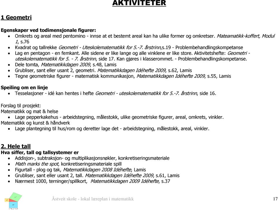 Aktivitetshefte: Geometri - uteskolematematikk for 5. - 7. årstrinn, side 17. Kan gjøres i klasserommet. - Problembehandlingskompetanse. Dele tomta, Matematikkdagen 2009, s.