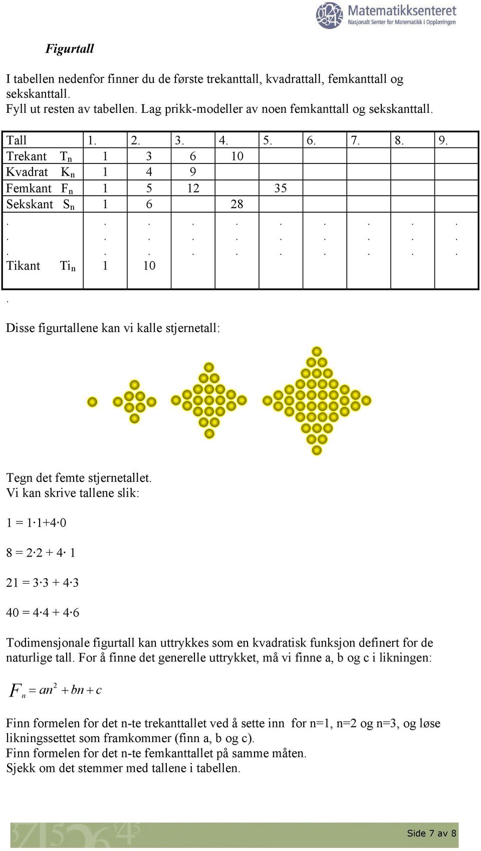 slik: 1 = 1 1+4 0 8 = 2 2 + 4 1 21 = 3 3 + 4 3 40 = 4 4 + 4 6 Todimensjonale figurtall kan uttrykkes som en kvadratisk funksjon definert for de naturlige tall or å finne det generelle uttrykket, må