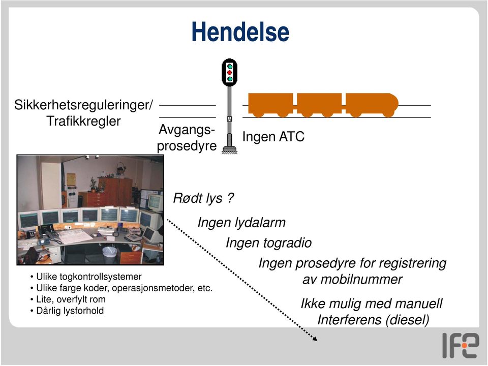 Lite, overfylt rom Dårlig lysforhold Ingen lydalarm Ingen togradio Ingen